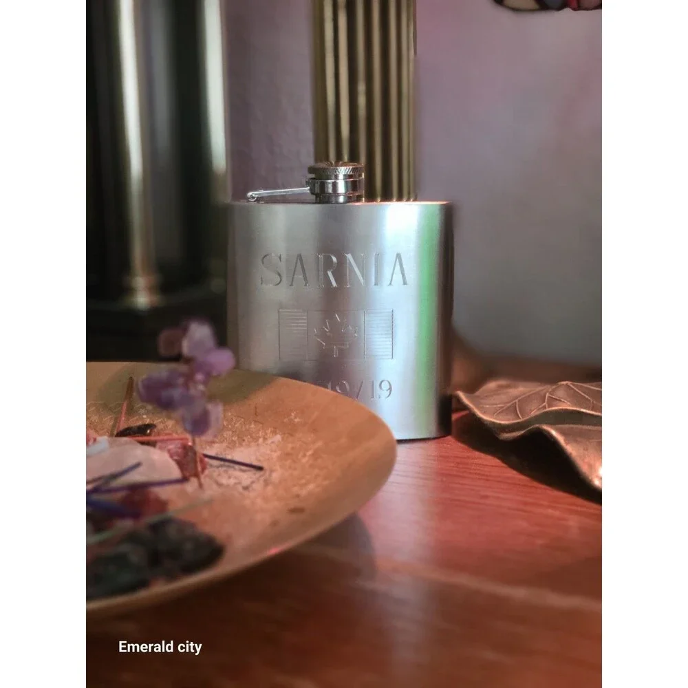 Vtg Sarnia Stainless Steel Hip Flask Engraved Canadian Flag Raised FU 8oz silver